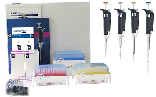 Gilson Pipetman 4-Pack Starter Kit: P2, P20, P200, P1000; Diamond tips: DL10, D200, D1000; 4 SINGLE™ pipette holders, 4 PIPETMAN Comfort Handles, 1 Gilson Guide to Pipetting, 1 Two-minute inspection poster. 3 year warranty.