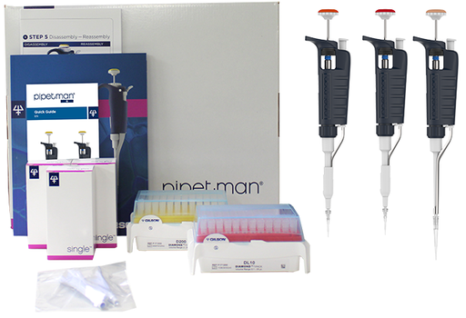 Gilson Pipetman Micro Starter Kit: P2, P10, P100; Diamond tips: DL10, D200; 3 SINGLE™ pipette holders, 3 plastic ejectors, 1 Gilson Guide to Pipetting, 1 Two-minute inspection poster. *3 year warranty.