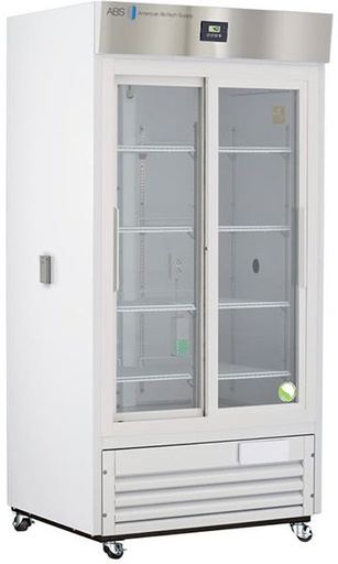 Premier Chromatography Refrigerator 33 Cu. Ft. Double Sliding Glass Door with microprocessor temperature controller,  Temp display &amp; Alarm module with battery back-up, audible and visual high/low temp alarms, °C/°F convertible temperature display, remote alarm contacts, and casters, one duplex outlet, and two 2&quot; access ports. Requires two (2) outlets. Warranty: 2/5; Two year parts and labor warranty, plus an additional three year compressor parts warranty.