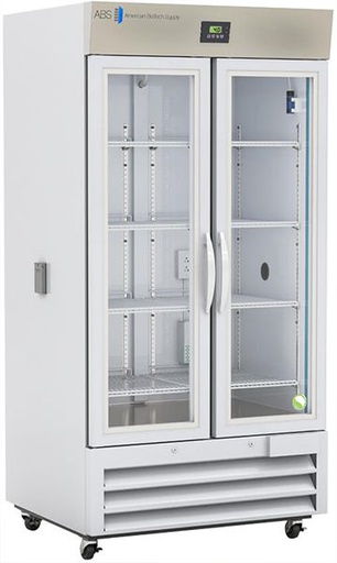 Premier Chromatography Refrigerator 36 Cu. Ft. Double Swing Glass Door with microprocessor temperature controller,  Temp display &amp; Alarm module with battery back-up, audible and visual high/low temp alarms, °C/°F convertible temperature display, remote alarm contacts, and casters, one duplex outlet, and two 2&quot; access ports. Requires two (2) outlets. Warranty: 2/5; Two year parts and labor warranty, plus an additional three year compressor parts warranty.