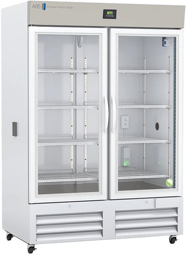 Premier Chromatography Refrigerator 49 Cu. Ft. Double Swing Glass Door with microprocessor temperature controller,  Temp display &amp; Alarm module with battery back-up, audible and visual high/low temp alarms, °C/°F convertible temperature display, remote alarm contacts, and casters, one duplex outlet, and two 2&quot; access ports. Requires two (2) outlets. Warranty: 2/5; Two year parts and labor warranty, plus an additional three year compressor parts warranty.