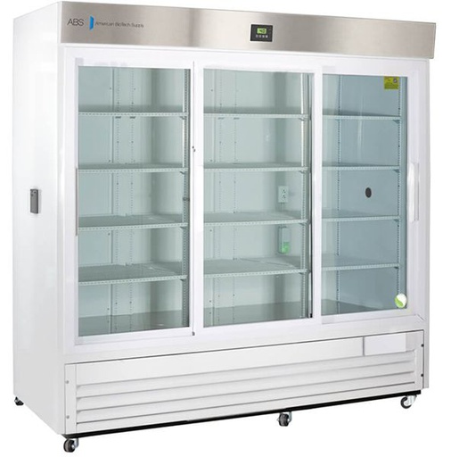 Premier Chromatography Refrigerator 69 Cu. Ft. Triple Sliding Glass Door with microprocessor temperature controller,  Temp display &amp; Alarm module with battery back-up, audible and visual high/low temp alarms, °C/°F convertible temperature display, remote alarm contacts, and casters, one duplex outlet, and two 2&quot; access ports. Requires two (2) outlets. Warranty: 2/5; Two year parts and labor warranty, plus an additional three year compressor parts warranty.