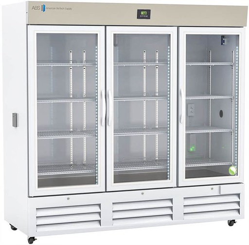 Premier Chromatography Refrigerator 72 Cu. Ft. Triple Swing Glass Door with microprocessor temperature controller,  Temp display &amp; Alarm module with battery back-up, audible and visual high/low temp alarms, °C/°F convertible temperature display, remote alarm contacts, and casters, one duplex outlet, and two 2&quot; access ports. Requires two (2) outlets. Warranty: 2/5; Two year parts and labor warranty, plus an additional three year compressor parts warranty.
