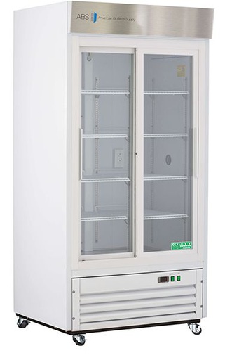 Standard Chromatography Refrigerator 33 Cu. Ft. Double Slide Glass Door with microprocessor temperature controller, audible and visual high/low temp alarms, remote alarm contacts, one duplex outlet, one 2" access port and casters. Requires two (2) outlets. Warranty: 1/5; One year parts and labor warranty, plus an additional four year compressor parts warranty.