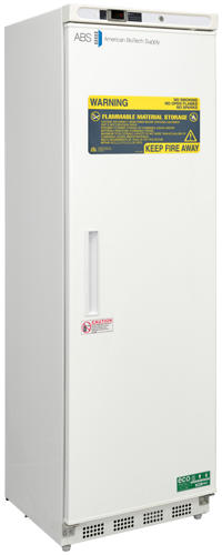 14 Cu. Ft. Flammable Material Refrigerator with microprocessor temperature controller, Temperature display &amp; Alarm module with battery back-up, audible and visual high/low temperature alarms, °C/°F convertible temperature display and remote alarm contacts. Two year parts and labor warranty.