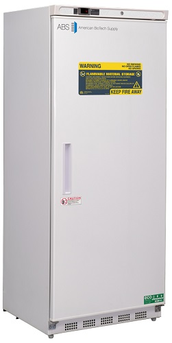 20 Cu. Ft. Flammable Material Refrigerator with microprocessor temperature controller, Temperature display &amp; Alarm module with battery back-up, audible and visual high/low temperature alarms, °C/°F convertible temperature display and remote alarm contacts. Two year parts and labor warranty.